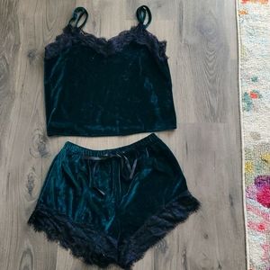 Velvet emerald green laced pajama set